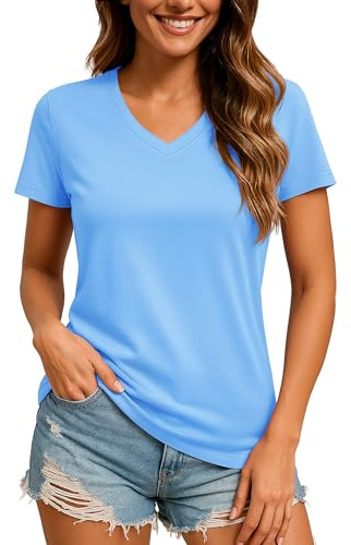 TACVASEN Women's V-Neck Lightweight Active T Shirts UPF 50+ Sun Protection Breathable Moisture Wicking Hiking Tops Waterfall Blue M
