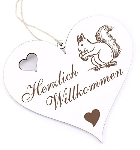 Herzlich Willkommen Schild - Eichhörnchen mit Nuss - Deko Herz Holz Willkommensschild Türschild Dekoschild Türdeko