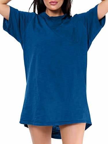 Love My Fashions® Women’s Plain Cotton Night Wear Long T-shirt soft and comfy Nightdress for ladies With Front Pocket Crew Neck Short Sleeves Nightie Sleepwear Top plus Navy Blue