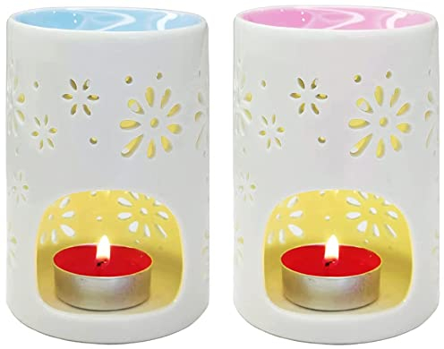 HwaGui Aromalampe 2er Keramik Duftlampe Teelichthalter Duftöl Kerzenhalter Aromabrenner Ölbrenner, Blumen Muster