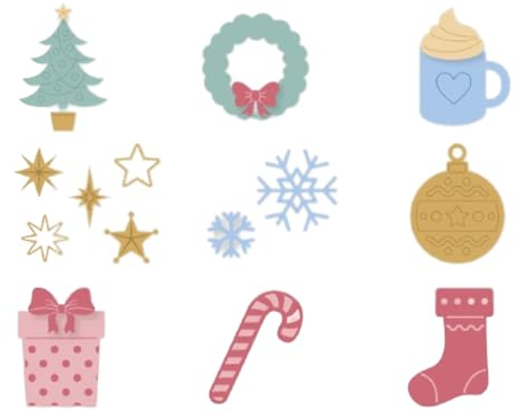 Craftelier - Set de 9 Troqueles Mini de Temática Navidad | Incluye Troqueles de Estrellas, Copos de Nieve, Regalo, Calcetín, Árbol de Navidad, Corona con Lazo, Taza de Chocolate y Bola de Navidad