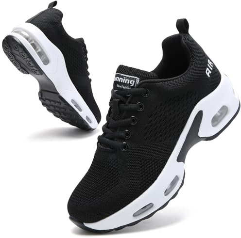Womens Runnig Trainers Arch Support Memory Foam Gym Shoes Ladies Lightweight Mesh Air Cushion Walking Sneakers Black White UK 8