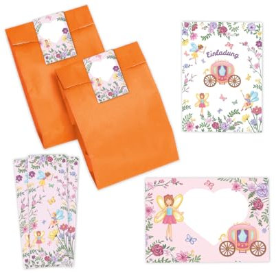 Minkocards 12 Einladungskarten zum Kindergeburtstag Feen Prinzessin Mädchen Einladung Mädchengeburtstag incl. 12 Umschläge, 12 Partytüten/orange, 12 Aufkleber, 12 Lesezeichen