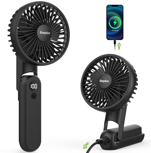 EasyAcc Handheld Fan, Portable Digital Display & 5 Speeds Desk Fan with Backup Power/lanyard/180°Foldable USB C Rechargeable Personal 2.5-18hrs Mini Hand Held for Travel Makeup Office
