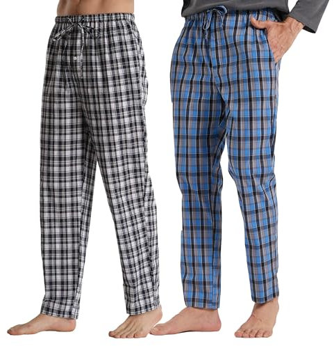 YUSHOW Pantalon Pyjama Homme Coton Long Doux Confortable Vêtement de Nuit à Cordon Léger Bas Pyjama avec Poches Printemps été,Noir Carreaux+Bleu Carreaux,M