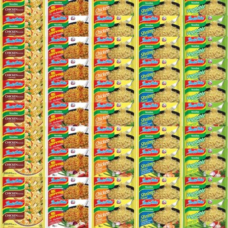 INDOMIE, Instant Nudeln Box, 5 verschiedene Sorten von Indomie Mi Goreng Pedas, Shrimps, Huhn, Gemüse Geschmack (50er Pack)