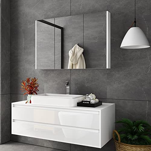Bathroom Mirror Cabinet 3 Doors Storage Cupboard Wall Mounted Bath Cabinet with Adjustable Shelves Organiser Waterproof Wooden Bathroom Cabinets with Mirror White
