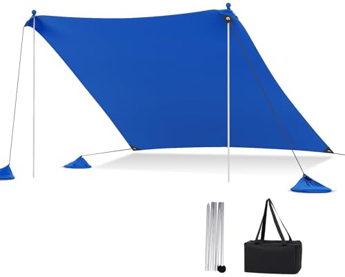 HOMASIS Carpa de Playa Plegable, UPF 50+, Carpa de Sol con Anclajes de Arena y 4 Sacos de Arena, Toldo de campaña con 2 mástiles de Apoyo y Bolsa de Transporte, para jardín de Playa (Azul, 230x200cm)