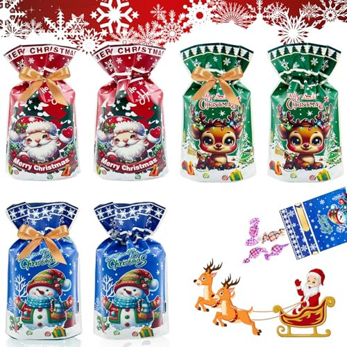 YeahBoom 60 Stücke Weihnachten Geschenkbeutel,3 Design Geschenktüten Weihnachten,Candy Tüten,Weihnachten Cookie Beutel,Partytüten,Geschenktüten Weihnachten,Weihnachten Treat Tasche