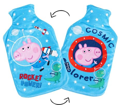 Disney Reversible Hot Water Bottles – Peppa Pig Plush Cover – Natural Rubber 2L Capacity - Peppa Pig Cosmic Power Design - Reversible