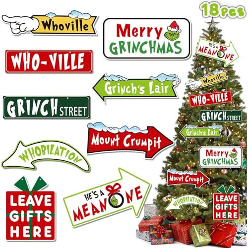 18Pcs Grinch Christmas Decorations - Tree Decorations, Christmas Themed Party Favor (with 18 Red Ribbon and 40 Glue Points)
