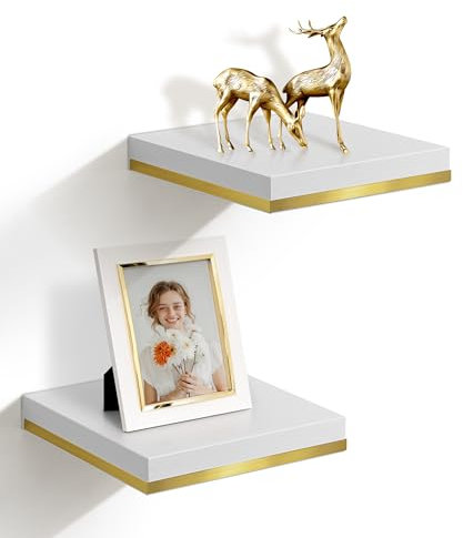Gronda Wandregal Weiß Quadratische Regal Wand mit Goldrand, 2er Set Regale für wände Deko 23.5x23.5cm Schweberegal für Badezimmer, Schlafzimmer, Wohnzimmer, Büro, oder Küche