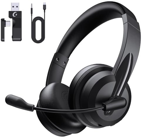 Wireless Headset with Mic for Work with AI Noise Cancelling Mic for Clear Calls, Bluetooth V5.3 Headphones with Microphone to USB A/C Dongle & Mic Mute for Computer Laptop PC iPhone (Black)