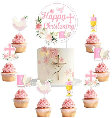 Jollyboom Christening Decorations for Girls, Happy Christening Cake Cupcake Toppers Pink Christening Cake Decorations for Baby Baptism On Your Christening Day Holy First Communion Party Supplies