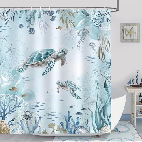 Hyupuanj Duschvorhang 300 x 180 cm Schildkröten Duschvorhang Wasserdicht Textil Polyester Waschbar Duschrollo mit 12 Duschvorhänge Haken, Duschvorhänge mit Gewicht Unten für Badezimmer v-157