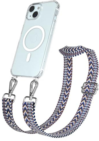EAZY CASE Handykette - Verstellbares Taschenband kompatibel mit iPhone 15, Schulterriemen, Handykordel mit Silikon Hülle, Qi Charging kompatibel, Umhängetasche, Blau Weiß Silber
