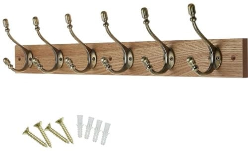 keypak Rustic Wall-Mounted Coat Rack 6 Hook Rail, 69cm, Handcrafted Dark Wood with Antique Brass Hooks for Coats, Towels & Bags