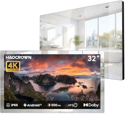 Haocrown 32 Inch 4K Ultra HD Smart Bathroom TV IP66 Waterproof Smart Mirror TV Android 11 with Voice Remote,ATSC Tuner(Silver Frame,2025 Model)