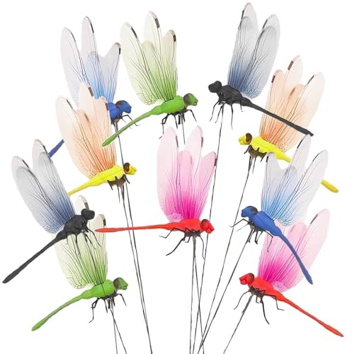 Tuxiaobu Decorazione da giardino a forma di libellula finta, in plastica, 3D, per prato, cortile, torta, festa, vaso di fiori, 13,5 cm, libellula, 5 colori, 10 pezzi