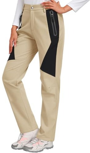 PASUDA Womens Waterproof Trousers Walking Hiking Fleece Lined Pants Winter Thermal Windproof Softshell Fishing Ski Snow Outdoor Pant Ladies Overtrousers with Zipper Pockets(Khaki,L)