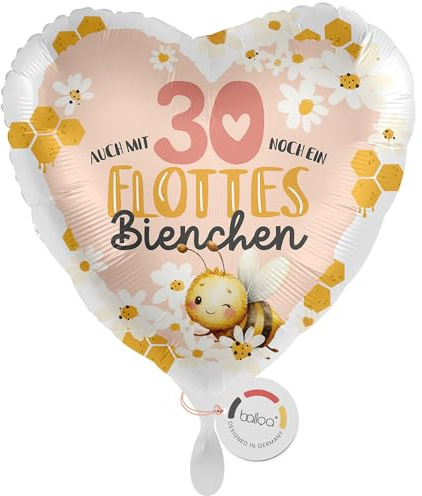 balloa Herzballon Zahl 30 Flottes Bienchen, XXL Folienballon, 53 cm | Rosa Bienen-Design mit Zahl 30, Herzform, XXL, heliumgeeignet, ungefüllt, Deko zum 30. Geburtstag