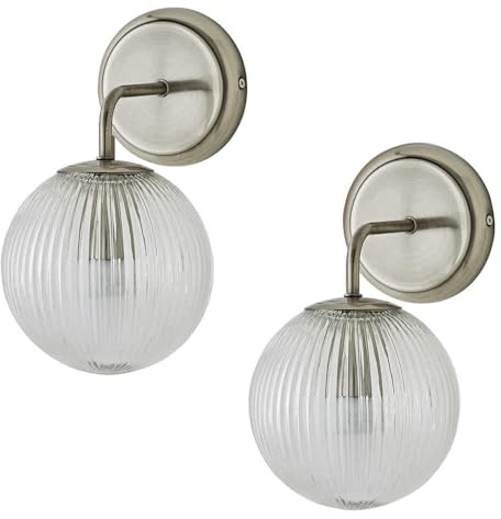 ValueLights | Kempton Pair of Brushed Chrome Ribbed Glass Globe Shade Wall Lights | Wall Lights, Home Décor & Improvement Essential | Mains Wired