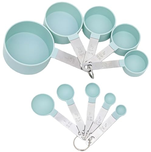 Measuring Cups and Spoons Set of 8 Pieces,Stackable Stainless Steel Handle Accurate Tablespoon,Small Teaspoon with Plastic Head,Measuring Dry and Liquid Ingredients for Kitchen（Green）