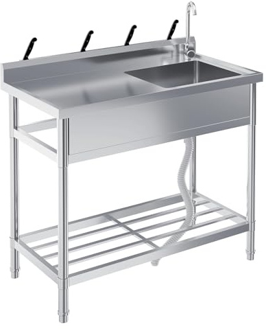 Edelstahl Spültisch 100x51x94CM, Freistehende Küchenspüle Gewerbliche Spülbecken Mit 2 Becken Wasserhahn Kalt Und Warmwasserschläuchen, Für Waschküche Outdoorküche Gastro Küchen Spulbecken