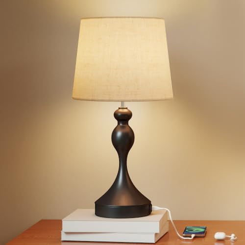 HOMCOM Tischlampe mit 3 Farbtemperaturen USB A und C Ladeanschlüsse Schwarz | LED Tischleuchte, Nachttischlampe, Leinenschirm, Schreibtischlampe Leselampe, für Schlafzimmer Wohnzimmer