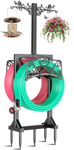 CJGrowMore Garden Hosepipe Tidy Stand & Organiser - Freestanding Metal Hose Reel Alternative with Decorative Hooks