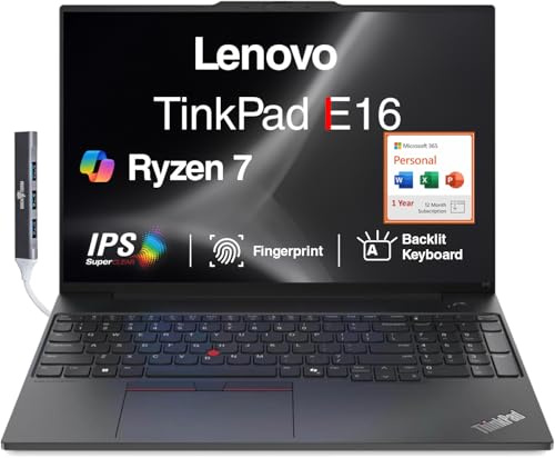 Lenovo ThinkPad E16 Business Laptop 16.0 IPS WUXGA Display (AMD Ryzen 7 7735U, 16GB DDR5, 512GB M.2 PCIe SSD, AMD Radeon 680M, Win 11 Home) w/MS 365 Personal, DKZ USB Port Expander