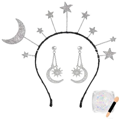 boocooberg Space Kostüm Damen,Haarreif Glitzer,Sterne Haarreif Silber+Strass Glitzer Gesicht+Kopfschmuck,Alien Kopfschmuck,Festival Space Girl Kostüm Damen Mädchen Karneval Party Zubehö