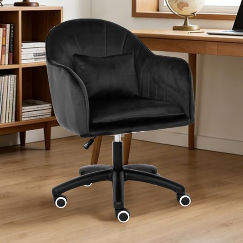 Erlium Ergonomischer Bürostuhl, 360° drehbar Höhenverstellbar, SamtStuhl mit Kopfkissen, Homeoffice Stuhl bis 250Pf Belastbar, Schminktisch Stuhl, für Studierzimmer, Schlafzimmer, Wohnzimmer, Schwarz