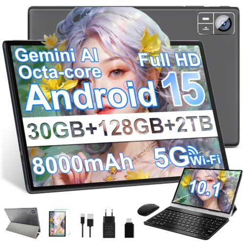 2026 Tablette Android 15 30Go RAM+128Go ROM + TF 2To 10 Pouces,Gemini AI,Octo-Core, 8000mAh,GPS,Corps intégré en métal, 5MP+8MP, WiFi 5G& BT 5.0, Widevine L1 Tablet Avec Clavier et Souris - Noir