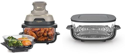 Ninja CRISPi Air Fryer Heißluftfritteuse, 3,8 l, 4-in-1: 2 Herausnehmbare Glasbehälter & Deckel, 1700 W, Stone Gold FN101EUSTGD + Ninja CRISPi 3,8-l-TempWare-Glasbehälter XSKLIDPLTEUUK