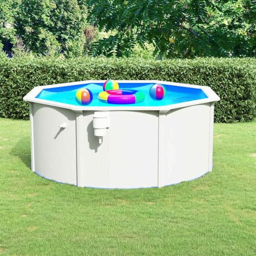 Pool mit Stahlwand 300x120 cm Weiß, PVC-Auskleidung, Familienbecken mit Skimmer, Aufstellbecken für Garten und Terrasse, strapazierfähig, inklusive Schläuche