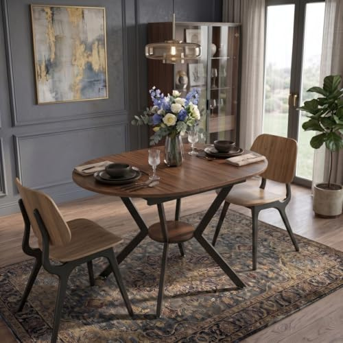 HIYYIH Runder Esstisch Ausziehbar, 100-140x100x80cm | Robustem X-Metallgestell in Schwarz, Küchentisch mit Stauraum, Esszimmer Ausziehtisch Oval für bis zu 6 Personen, Nussbaum