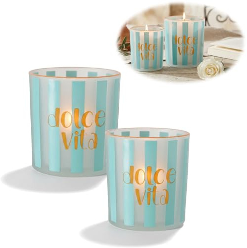 LS-LebenStil 2X Glas Teelichthalter Dolce Vita 8-10cm 2´er Set mit Spruch | Teelichtgläser Windlichthalter Kerzenständer Tischdeko Kerzen Deko Kerzenhalter für Teelichter Hochzeit