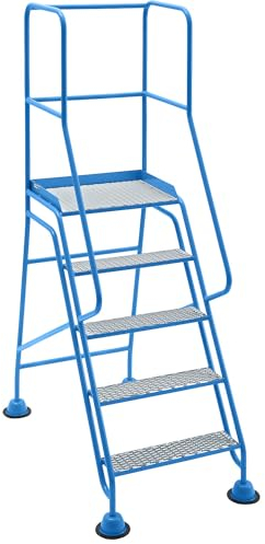 eurokraft | pro | Mobile Podestleiter | Plattform und Stufen mit Rautengitter | 5 Stufen | mit Geländer
