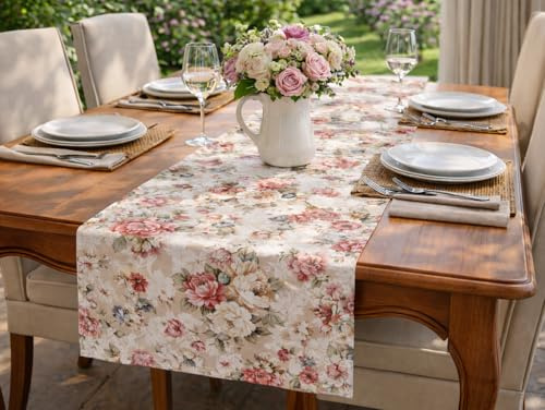 KAMACA Tischläufer Romantic Roses – 40x150 cm Shabby Chic Design in Creme Rose – Hochwertige Tischwäsche mit 65% Baumwolle – Floraler Läufer für Küche & Esstisch – Pflegeleicht & Waschbar