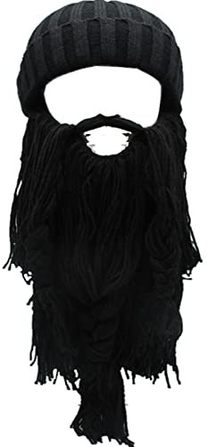 Metyou Erwachsene Wikinger Bart Beanie Horn Mütze Winter Warme Maske Hut Strickmütze Wolle Lustige Skull Cap, Schwarz , Einheitsgröße