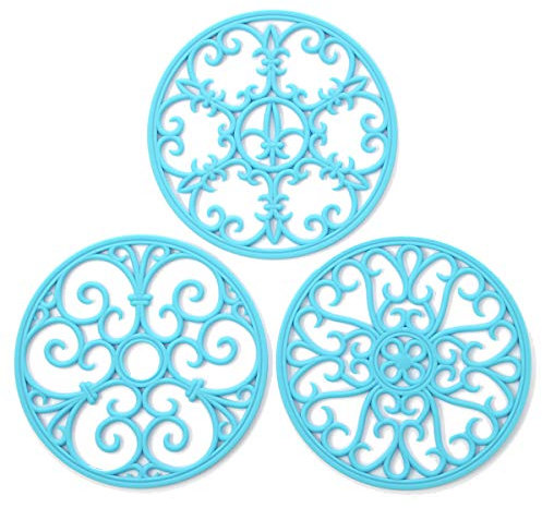 Silicone Trivet Mat - Non-Slip & Heat Resistant Kitchen Hot Pads for Countertops & Table - Kitchen Trivets for Hot Dishes & Cookware - Hot Pot Holder for Pots & Pans - Sky Blue,Set of 3