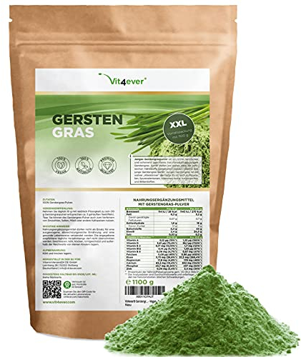 Erba d'orzo - 1100 g (1,1 kg) - Premium: Erba d'orzo giovane in polvere dai Paesi Bassi - Ricca di minerali e vitamine - 100% erba d'orzo - Vegan - Superfood