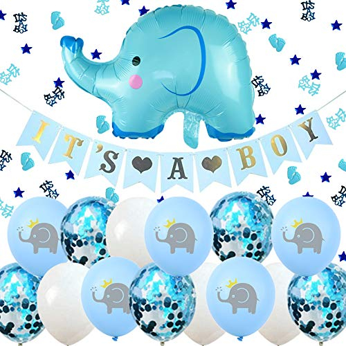 Babyparty Deko Junge It's A Boy Girlande Elefant Luftballons Blau mit IT'S A BOY Konfetti für Taufe Deko Junge Baby Geburtstag Dekoration