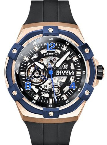 B BRERA MILANO Herrenuhr Supersportivo Evo 45 mm Automatik Gehäuse aus Stahl Roségold, schwarzes Zifferblatt - Armband aus Naturkautschuk Schwarz