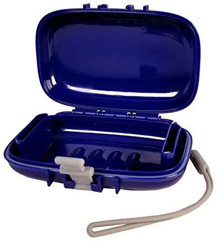 Carry-Dri EZ Travel Soap Container by PORTINEER - Soap Bar Case Lets Soap Dry with Lanyard, Silicone Closure, Soap Holder Travel, Leakproof Soap Box with Patented Vents, Travel Soap Dish, Blue-Grey
