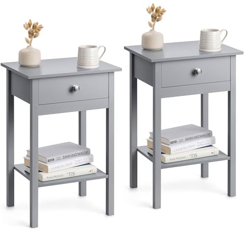 CHRISTOW Pair of Grey Bedside Table With Shelf & Drawer Bedroom Nightstand 60cm x 40cm x 30cm