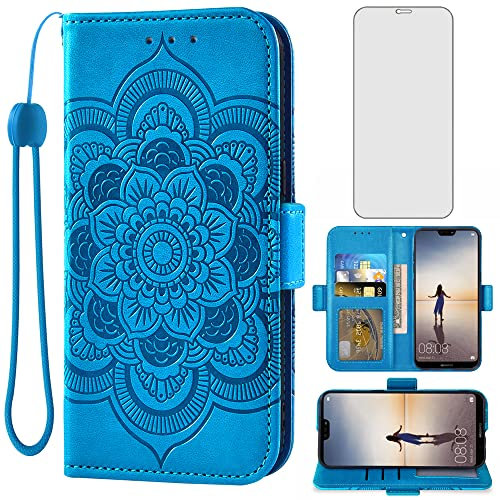 Asuwish Handyhülle für Huawei P20 Lite Hülle mit Glas Folie Schutzfolie Kartenfach Klappbar Leder Geldbörse Ständer Hawaii P 20 P20lite 20P ANE-LX1 Nova 3E Handy Mandala Schutzhülle Phone Case Blau