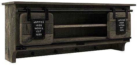 MASSIVMOEBEL24.DE | Railway- Massive Wandgarderobe | grau lackiert | aus Mangoholz | offen mit Schiebetüren + Eisenelementen | 115x30x45 | Wandboard Schweberegal Regal