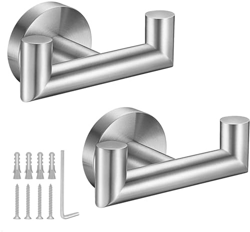 Towel Hooks for Bathrooms,Brushed Nickel Towel Hook for Kitchen Bathroom,SUS304 Stainless Steel Coat Hook,Heavy Duty Double Holder Robe Hooks for Hanging Towels,Coats,Sponges,Clothes,Wall Mount,2 Pack